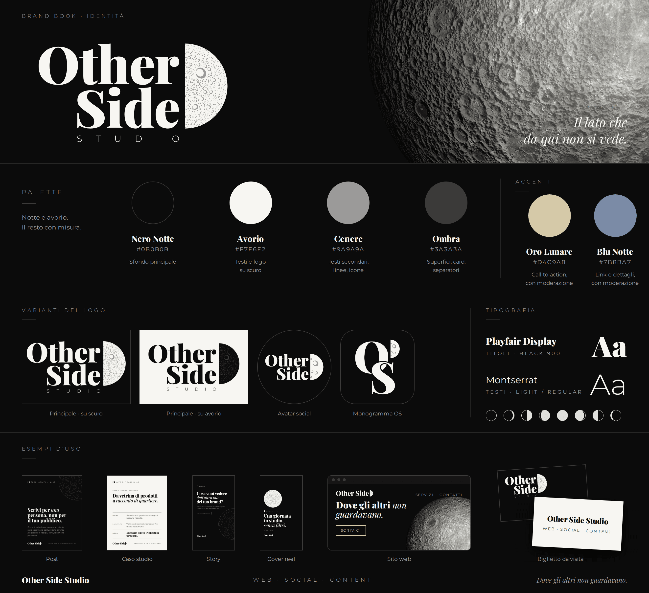 Il brand book di Other Side Studio: palette, varianti del logo, tipografia ed esempi di post, storie e sito